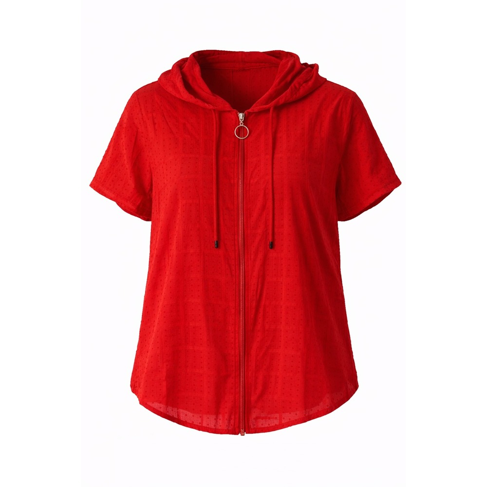 Women's Red Lightweight Zip Hoodie Large Short Sleeve Textured Summer Casual Top